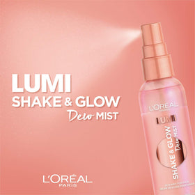 L’Oréal Paris Lumi Shake and Glow Dew Mist applied as a refreshing mist on skin.