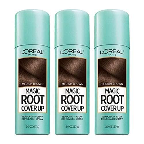 L'Oreal Paris Magic Root Cover Up spray bottle in medium brown for quick gray root concealment