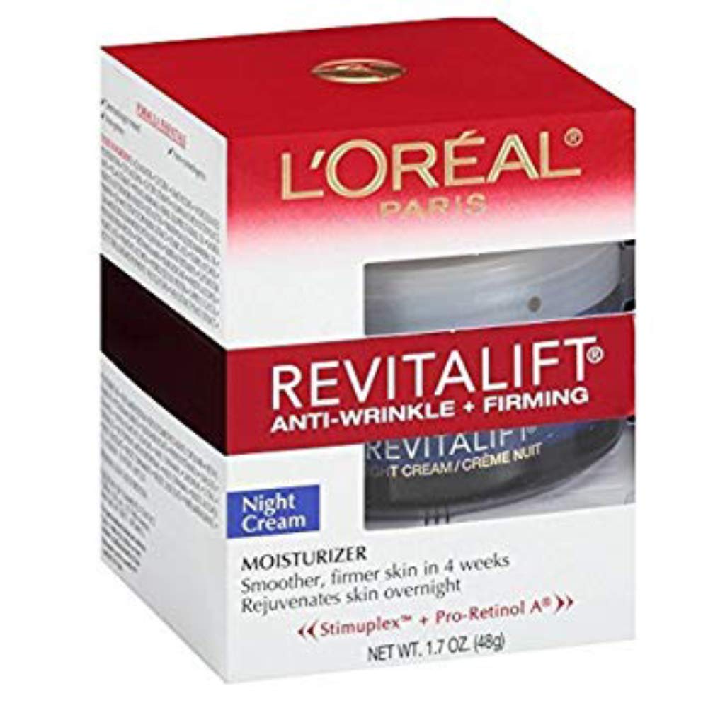 L'Oreal Paris RevitaLift night cream jar promises firmer, smoother skin by morning.