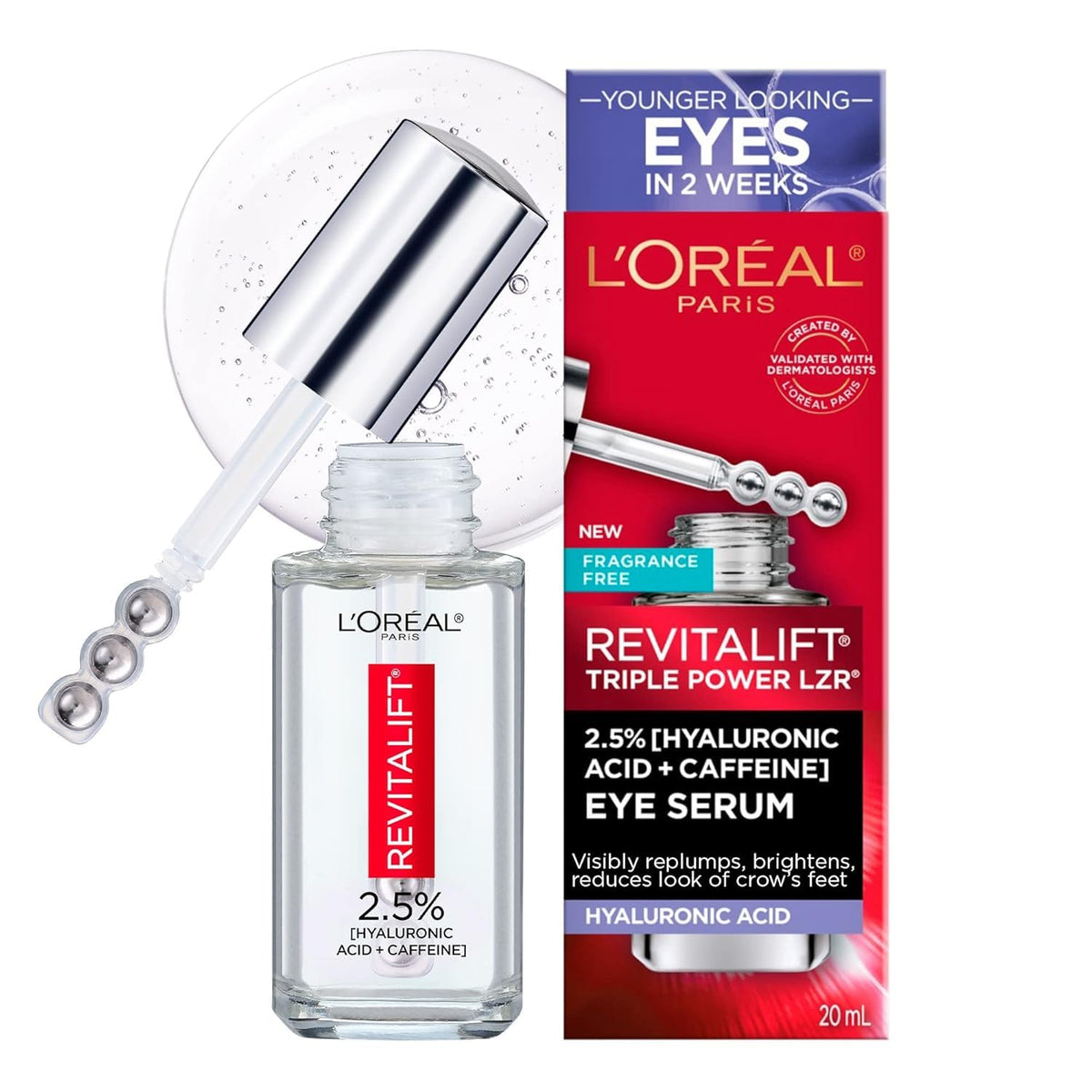 L'Oreal Paris Revitalift eye serum with triple roller massager refreshing the eye area.