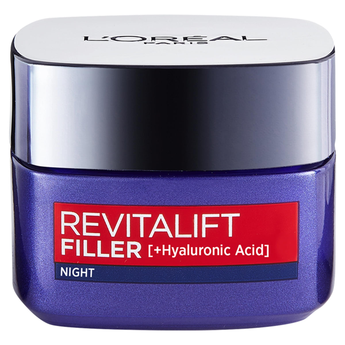 L'Oreal Paris Revitalift Filler Renew night cream bottle on vanity, showcasing premium hydration.