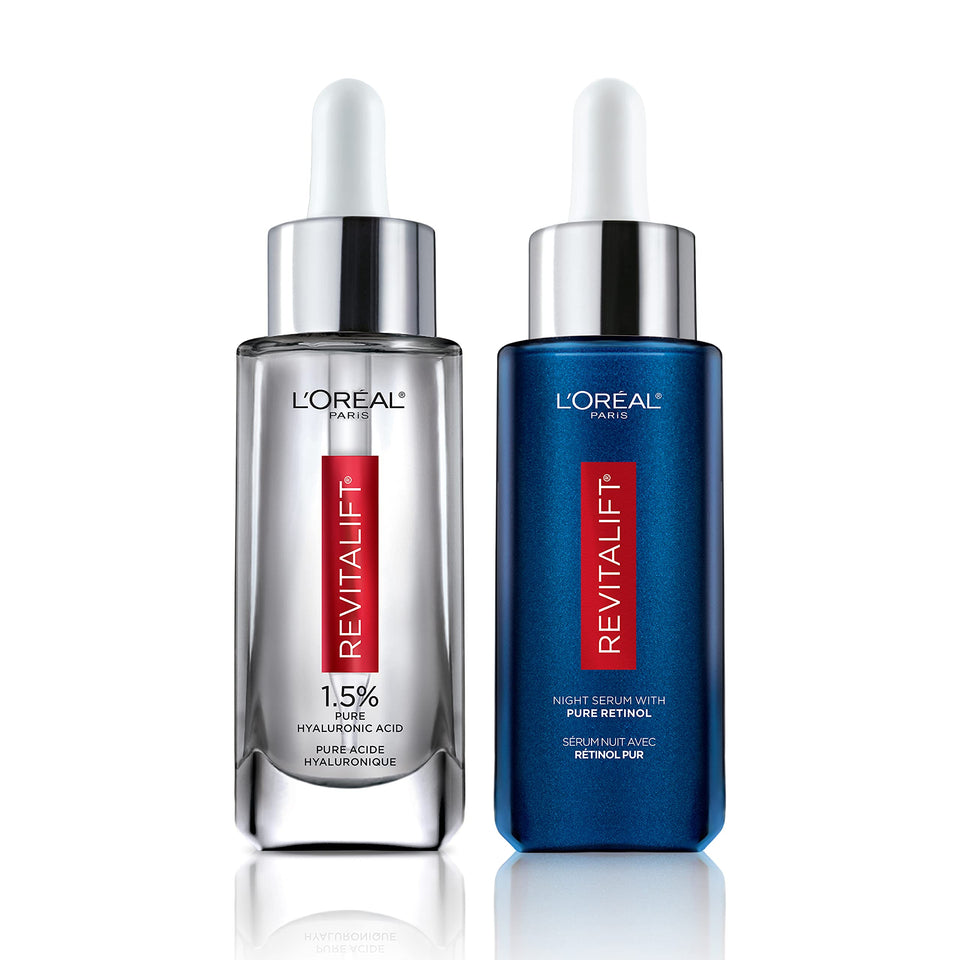 L'Oreal Paris Revitalift hyaluronic serum bottle provides lasting hydration.