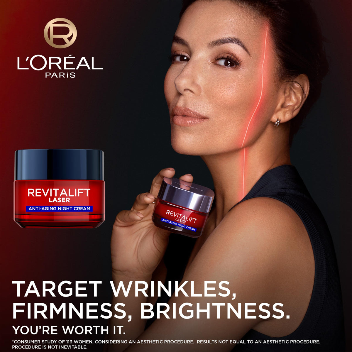 Application scene demonstrates gentle massage for a refreshed morning look with L'Oreal Paris Revitalift Laser Renew Night Cream.