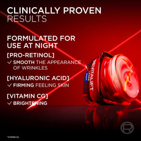 Packaging shot communicates premium feel and daily use of L'Oreal Paris Revitalift Laser Renew Night Cream.