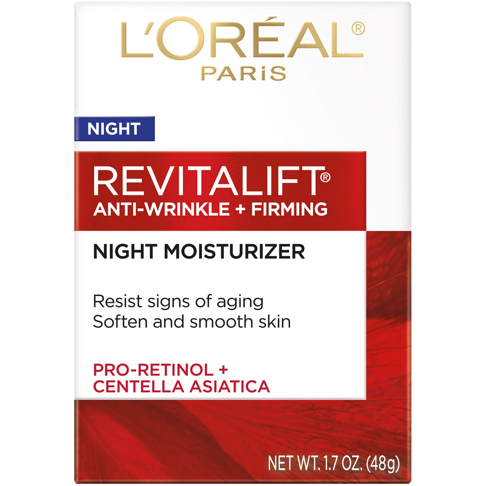 L'Oreal Paris Revitalift night cream in a 1.7 oz jar showing anti-wrinkle and firming benefits.