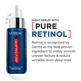 L'Oreal Paris Revitalift retinol serum application for evening renewal.