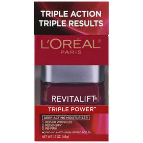 L'Oreal Paris Revitalift Triple Power moisturizer bottle pour for daily hydration and glow.