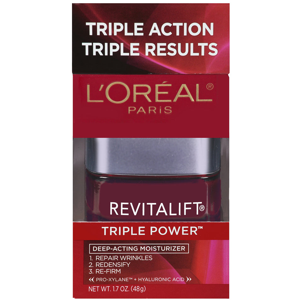 L'Oreal Paris Revitalift Triple Power moisturizer bottle pour for daily hydration and glow.