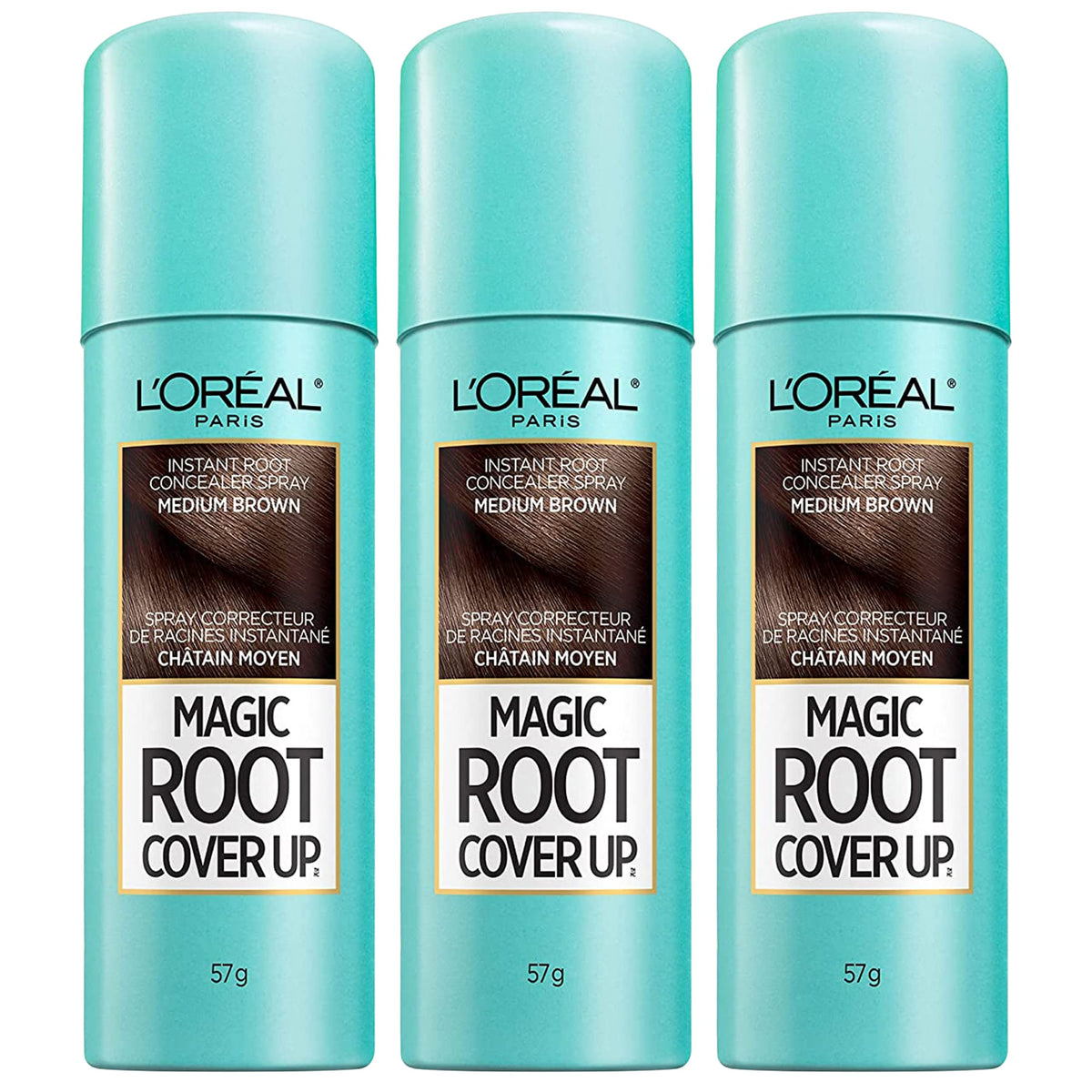 L'Oreal Paris Root Cover Up spray in Medium Brown conceals gray roots between washes.