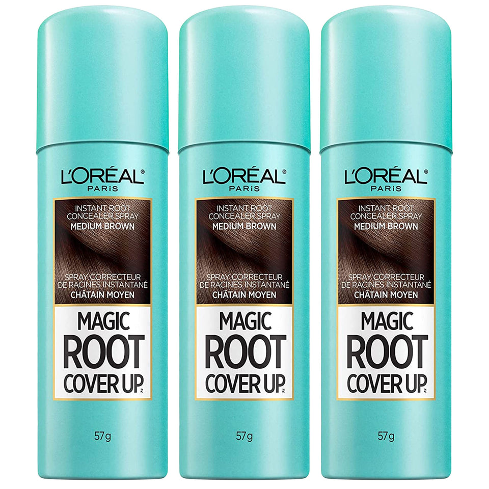 L'Oreal Paris Root Cover Up spray in Medium Brown conceals gray roots between washes.