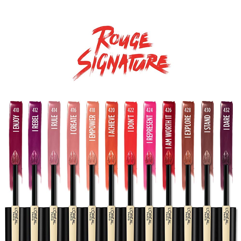L'Oreal Paris Rouge Signature shade range includes bold reds, nude pinks, and plums.
