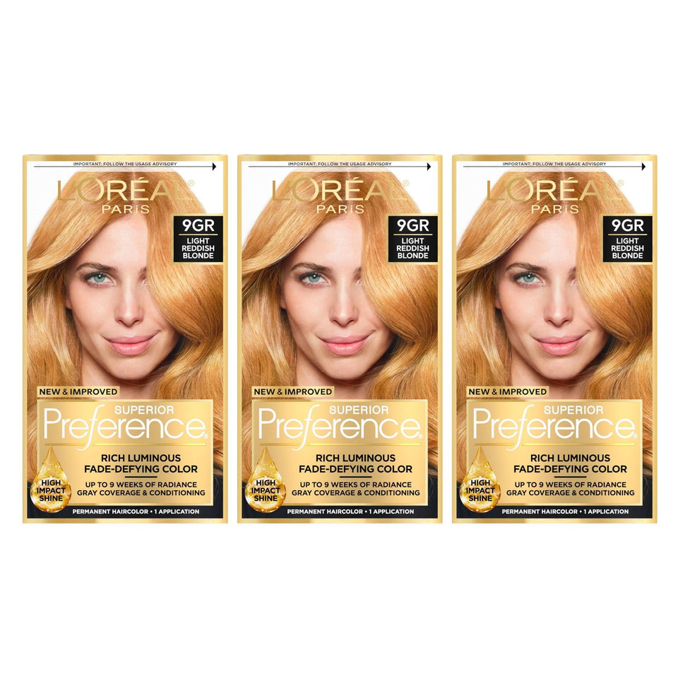 L'Oreal Paris Superior Preference 9GR box shows warm reddish blonde shade with potential vibrancy