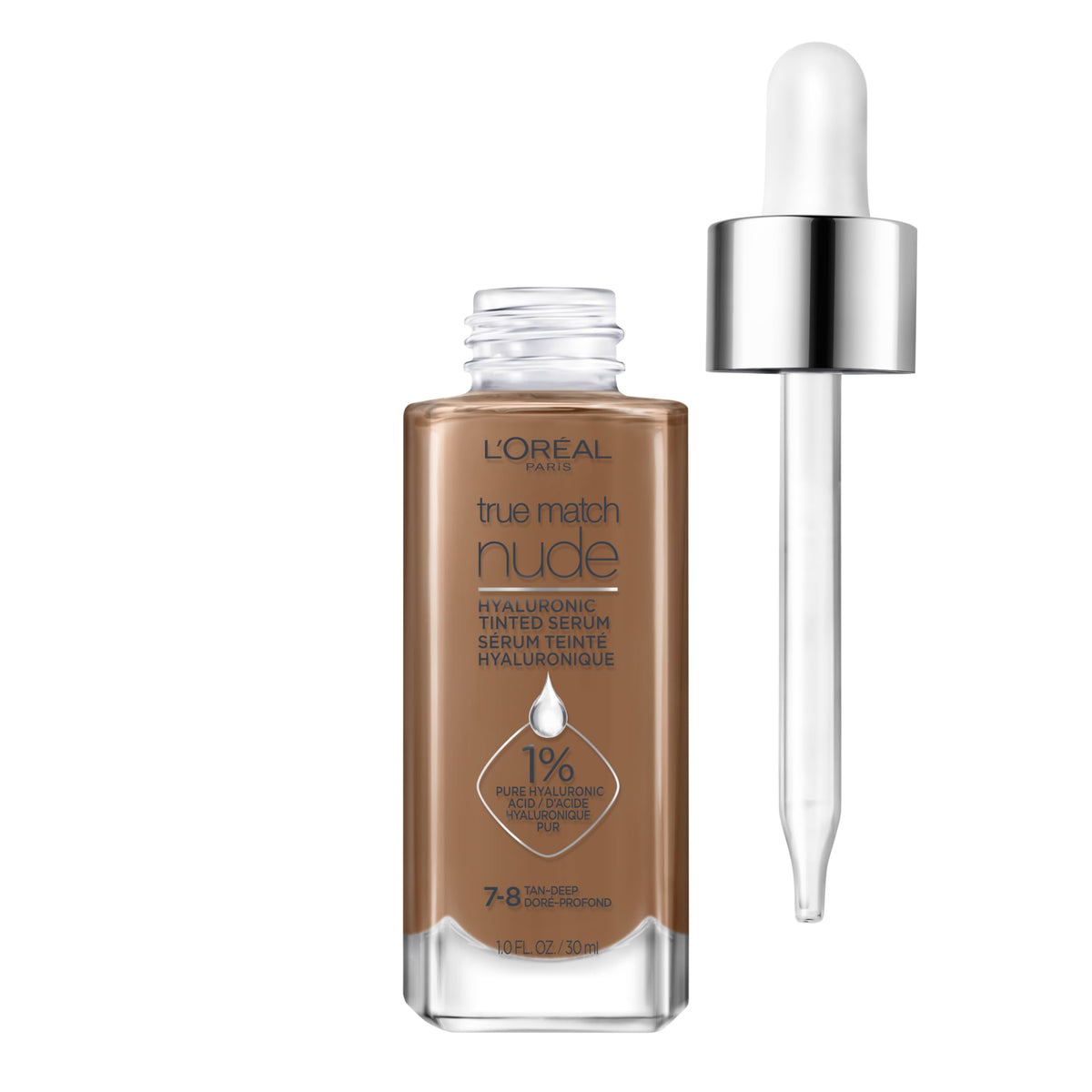 Loreal Paris True Match Nude Hyaluronic tinted serum foundation bottle in tan-deep 7-8 showing lightweight hydration