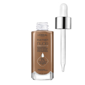 Loreal Paris True Match Nude Hyaluronic tinted serum foundation bottle in tan-deep 7-8 showing lightweight hydration
