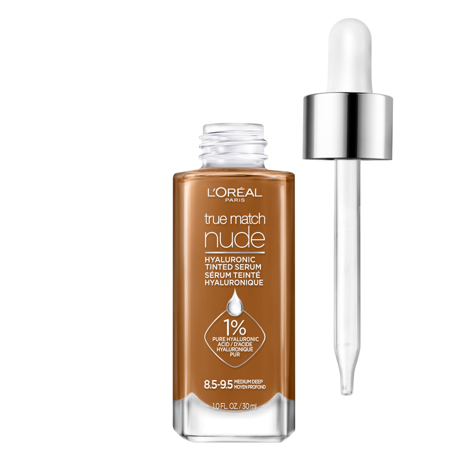L'Oréal Paris True Match Nude Hyaluronic foundation bottle shows a hydrating glow.