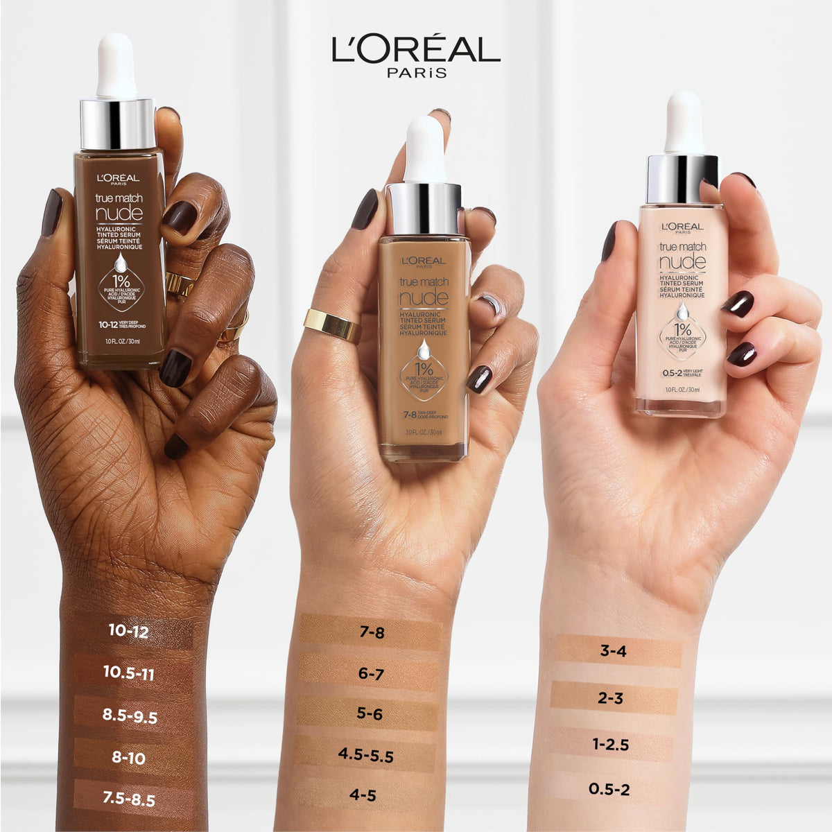 Smooth liquid texture of Loreal Paris True Match Nude Hyaluronic tinted serum foundation tan-deep 7-8