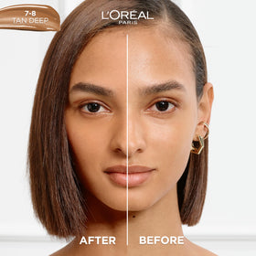 Close-up of pump dispenser on Loreal Paris True Match Nude Hyaluronic tinted serum foundation tan-deep 7-8