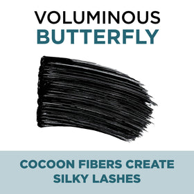 L’Oréal Paris Voluminous Butterfly mascara on lashes, fluttery winged effect after application.