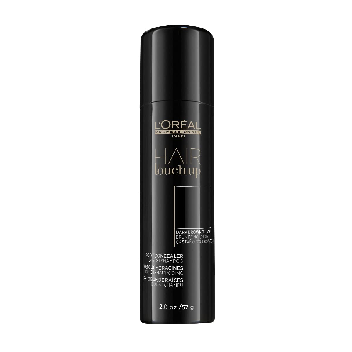 L’Oréal Professionnel Paris Hair Touch Up bottle close-up shows shade for grey roots.
