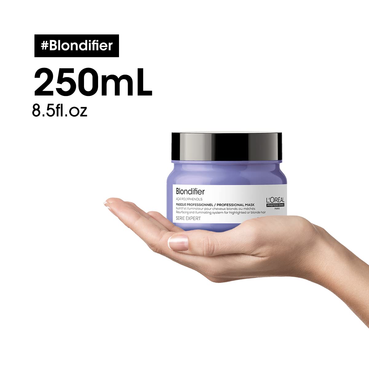 L’Oréal Professionnel Paris Blondifier Mask jar highlights acai berry extract and nourishing smoothing action.