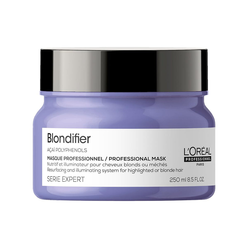L’Oréal Professionnel Paris Blondifier Mask tub enhances radiant blonde shine and brass protection.