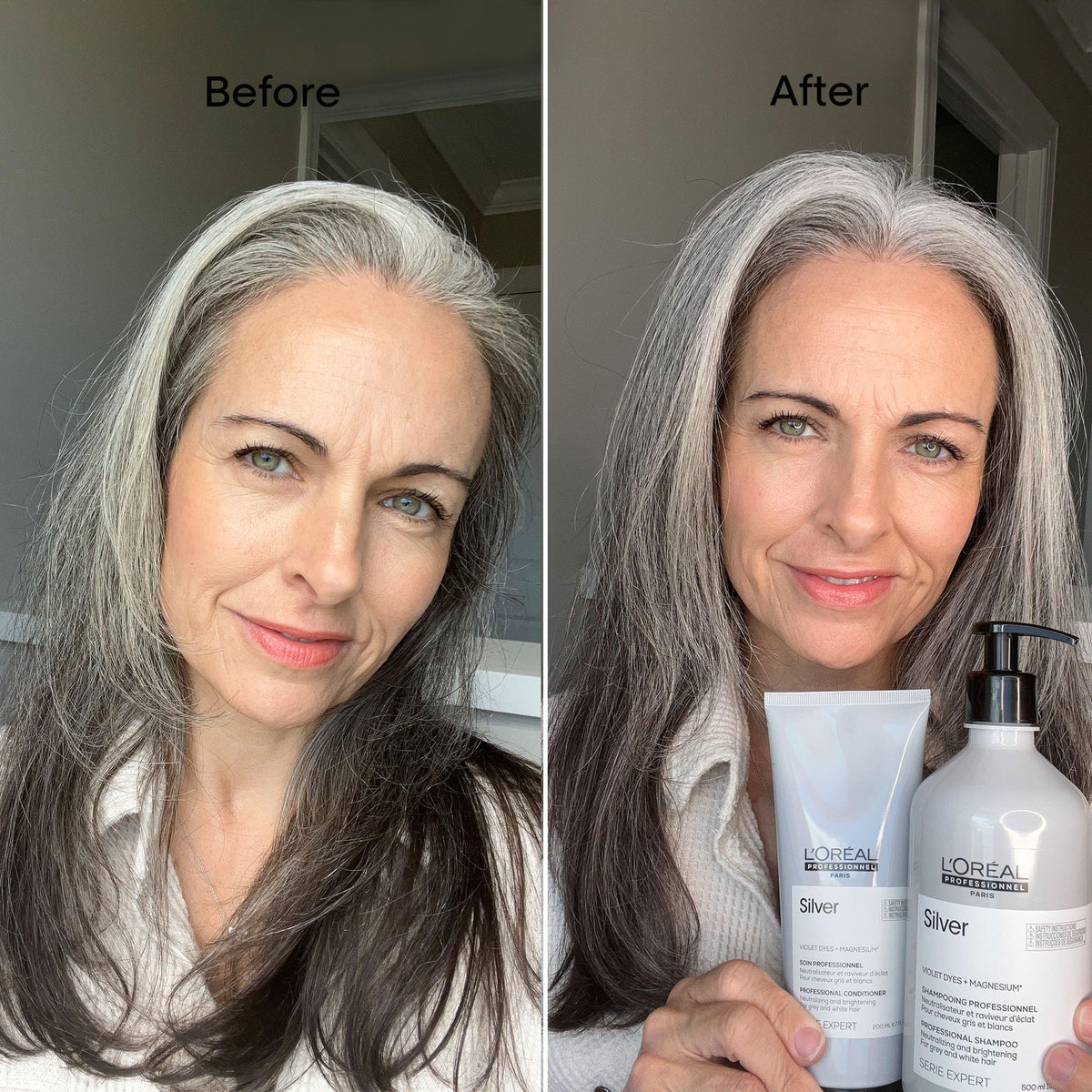 L’Oréal Professionnel Paris Color Depositing Purple Conditioner on silver hair enhances brightness