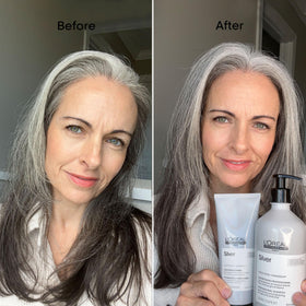 L’Oréal Professionnel Paris Color Depositing Purple Conditioner on silver hair enhances brightness
