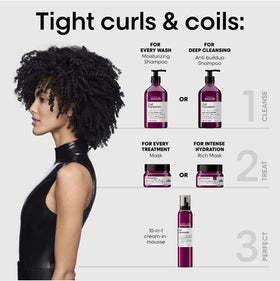 L’Oréal Professionnel Paris Curl Expression Rich Mask shine-curls image emphasizes defined, luminous curls.