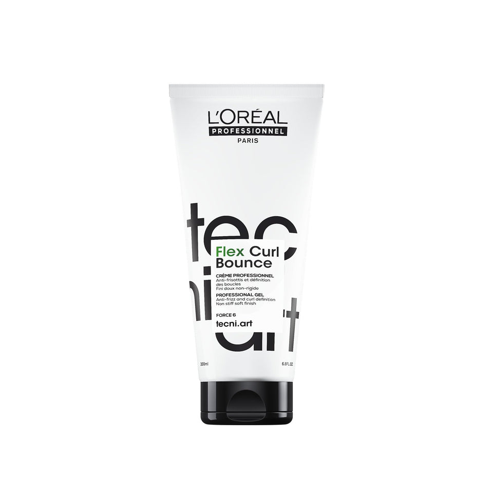 L'Oréal Professionnel Paris Flex Curl Bounce bottle close-up showing defined non-stiff curls