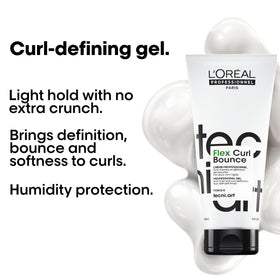 Hands applying L'Oréal Professionnel Paris Flex Curl Bounce for flexible curl definition