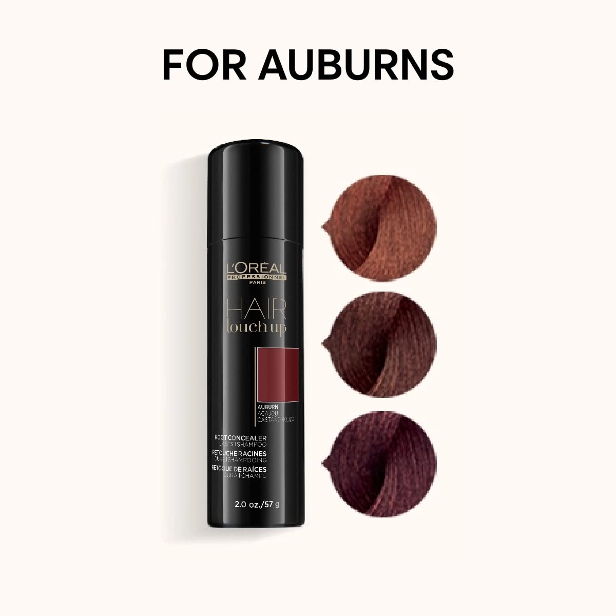L’Oréal Professionnel Paris Hair Touch Up auburn spray applied near roots for precise touch-up.