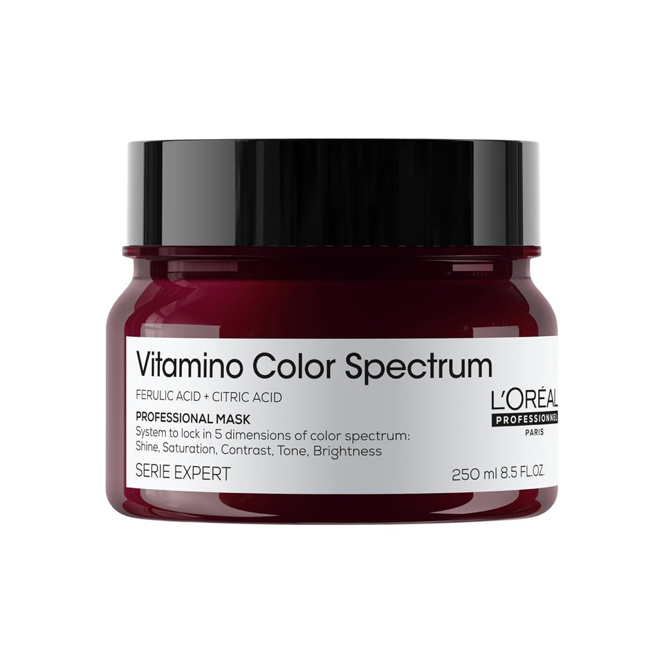 L’Oréal Professionnel Paris Vitamino Color Spectrum Mask bottle shows vibrant color.