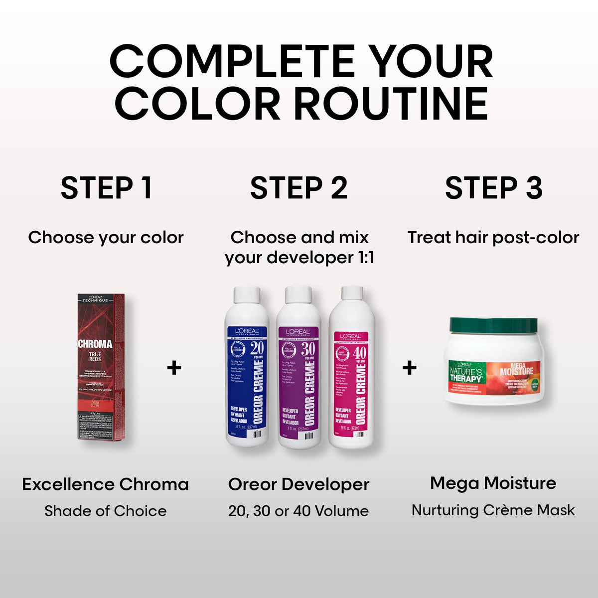 L'OREAL TECHNIQUE Chroma True Reds deep garnet shade on varied hair bases.