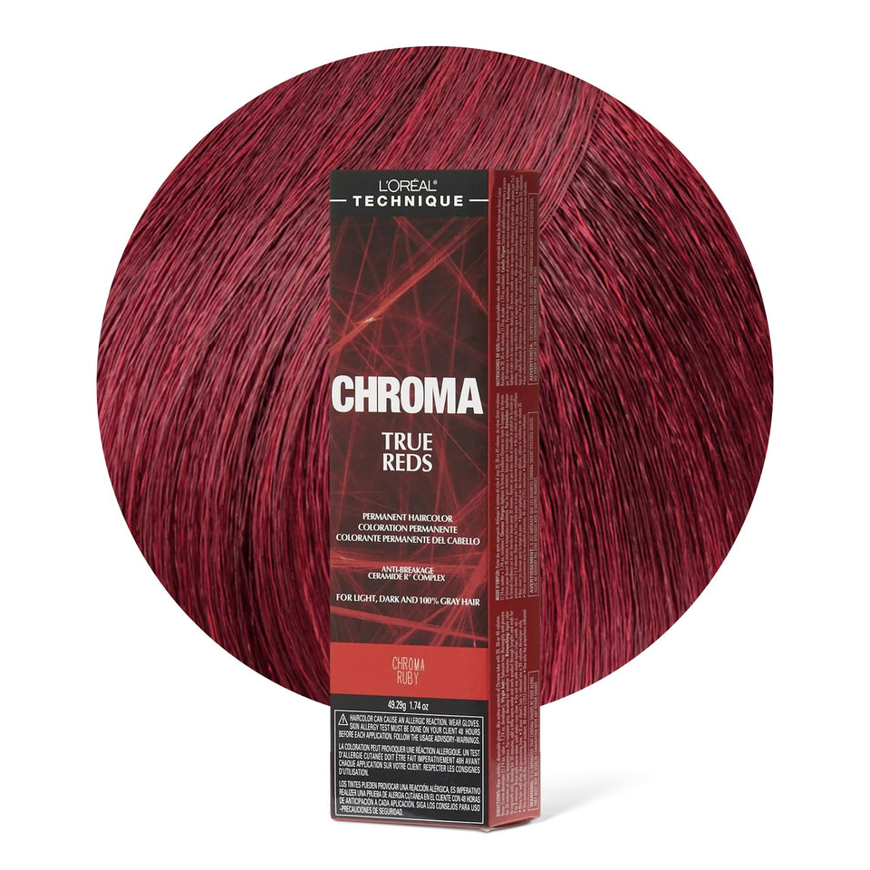 Loreal Technique Chroma True Reds Ruby bottle shows vibrant color for all hair types.