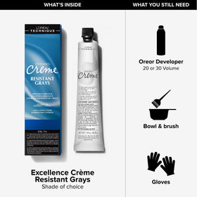 L’Oréal Technique Excellence Crème Resistant Grays auto-protection system reinforces inner structure.