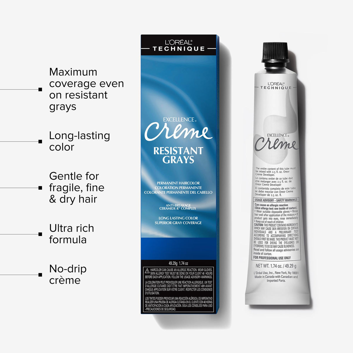 L’Oréal Technique Excellence Crème Resistant Grays with anti-breakage Ceramide R Complex for stronger strands.
