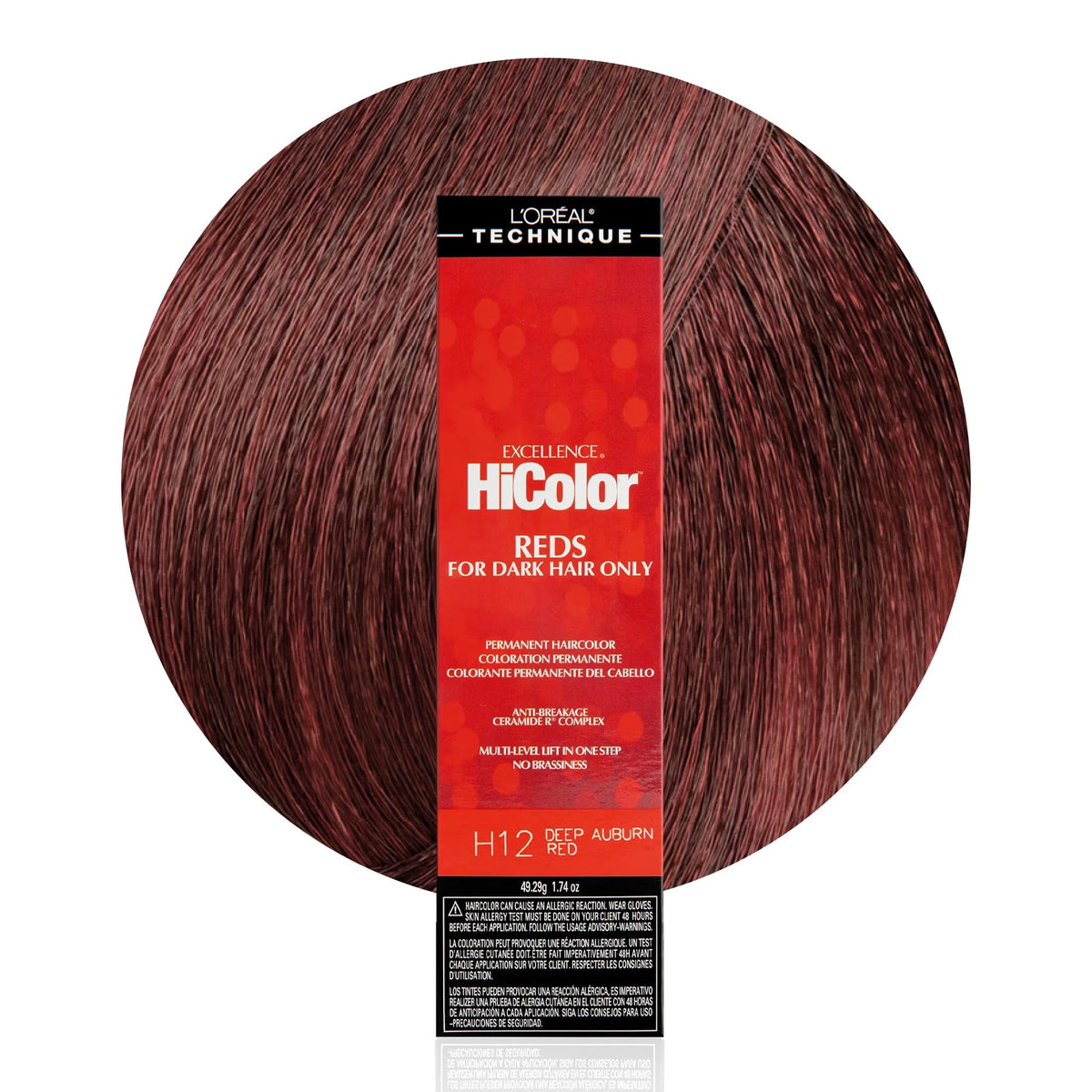 L'Oréal Technique HiColor Reds bottle close-up shows pigment potential for dark hair