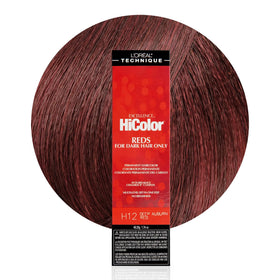 L'Oréal Technique HiColor Reds bottle close-up shows pigment potential for dark hair
