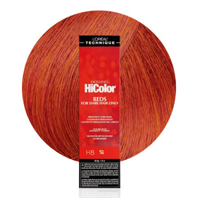 L'Oreal Technique HiColor Reds bottle shows bold red shades for dark hair.