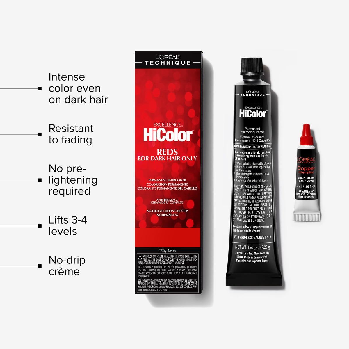 L'Oreal Technique HiColor Reds being applied with gloves for precise lift on dark hair.