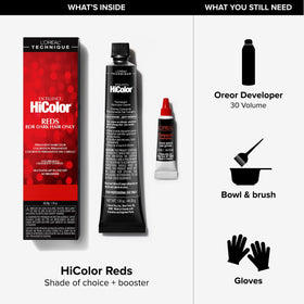 L'Oreal Technique HiColor Reds lift chart shows 3-4 level lift without brassiness.