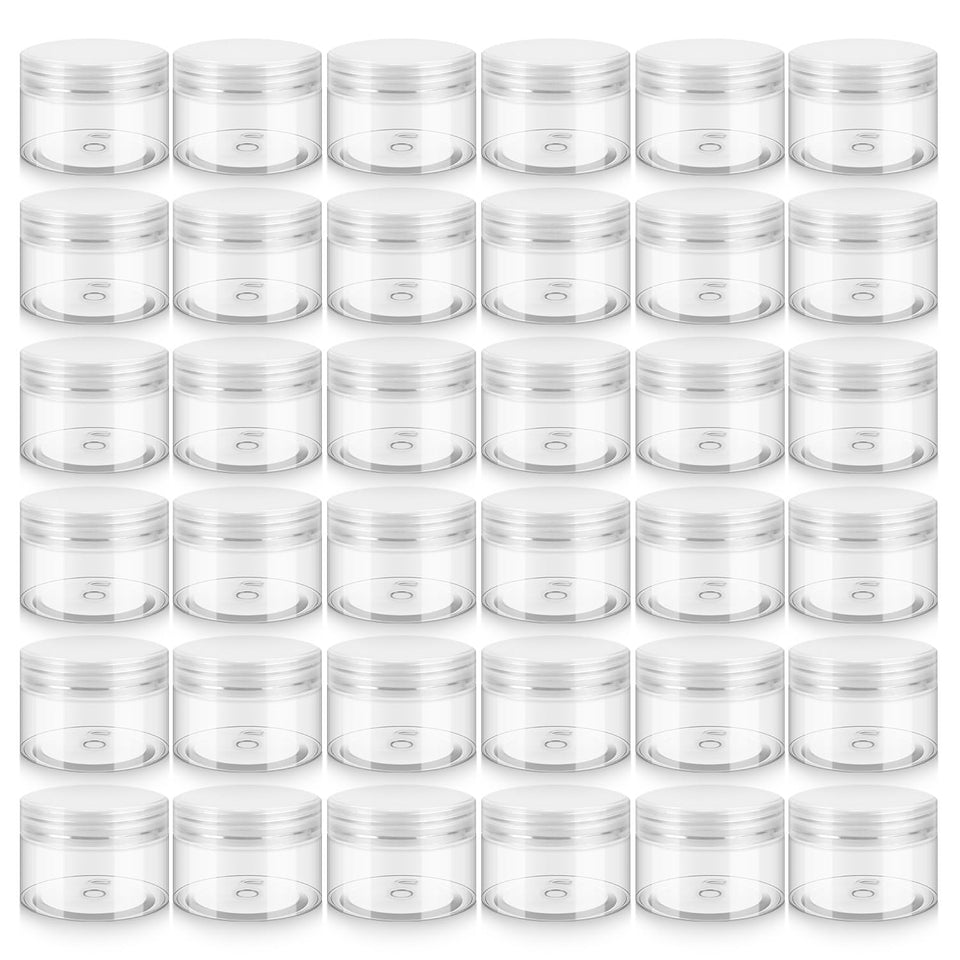 Loretoy 4oz clear jar with lids shows ample storage for cosmetics and bath salts.