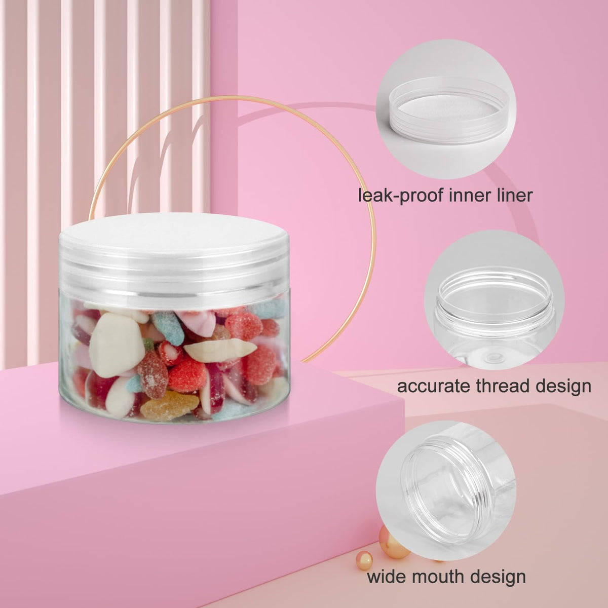 Loretoy 4oz PET jar lid closeup highlighting leakproof thread and gasket