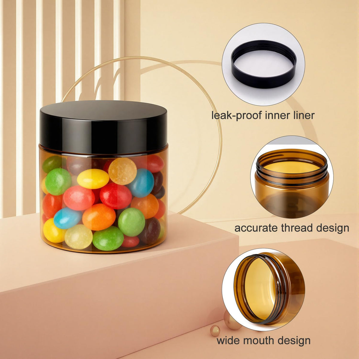 Loretoy clear PET jar front view shows reusable transparent container.