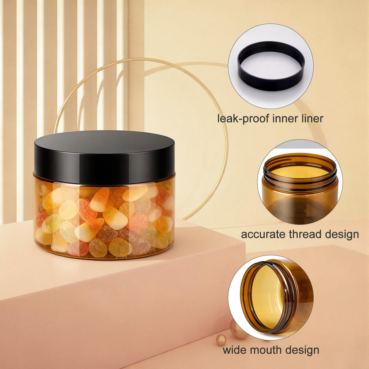 Loretoy transparent 4 oz jars with wide mouths for easy filling and viewing.