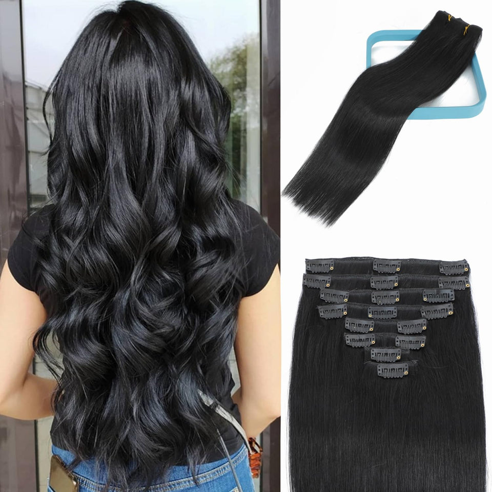 LORIEN clip-in jet black extensions provide natural length and fullness