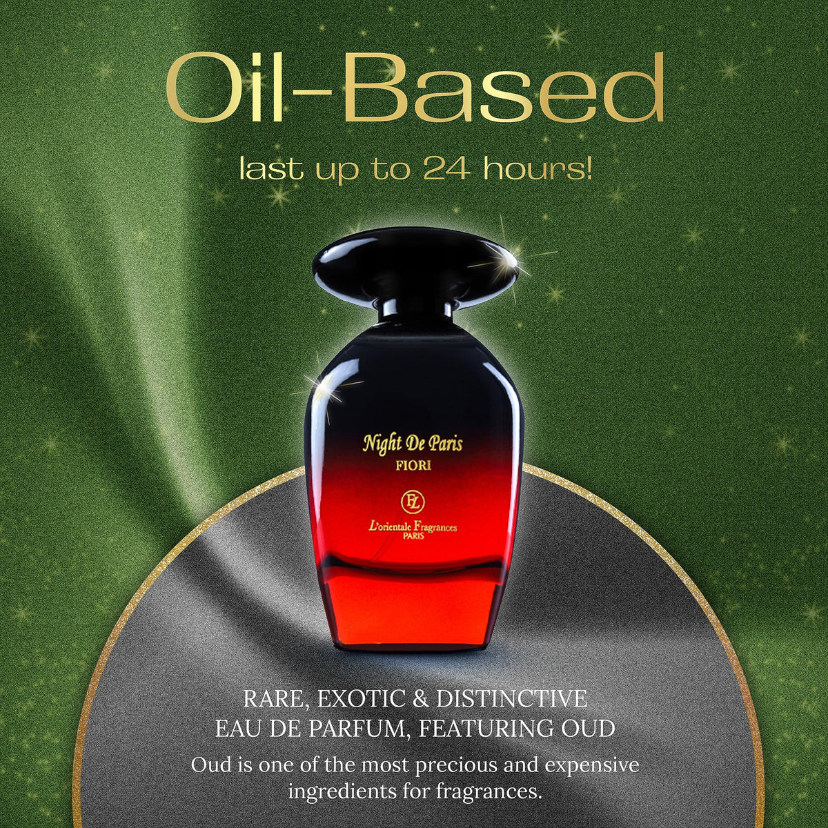 Lorientale Night De Paris Fiori amber-floral blend image highlights unisex appeal for any occasion.