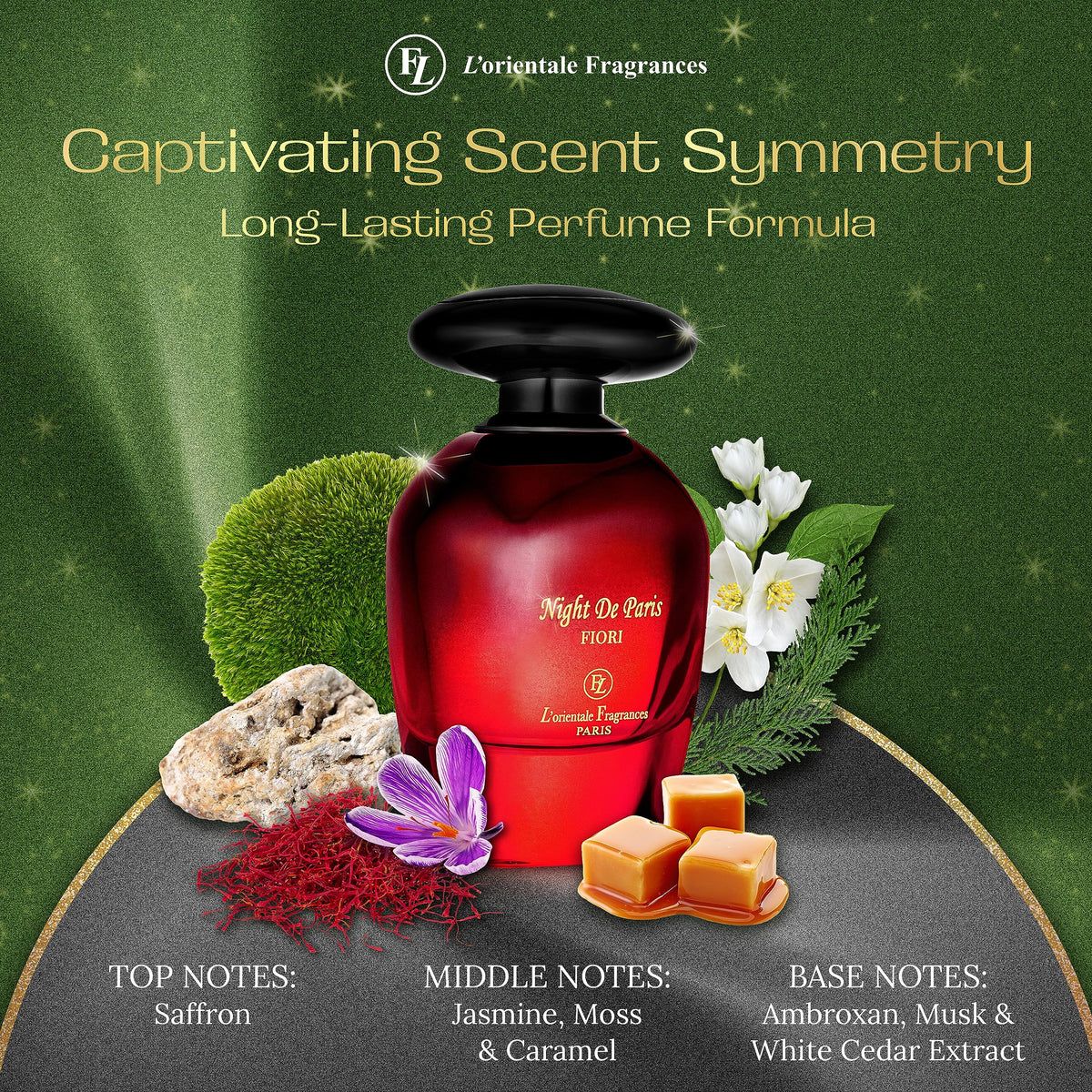 Lorientale Night De Paris Fiori woody base focus emphasizes Oud warmth and lasting impression.
