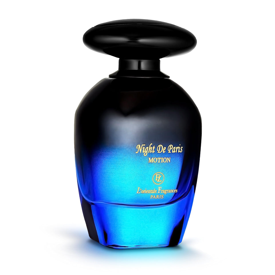 Lorientale Night De Paris in Motion bottle showing amber vanilla elegance for evening wear