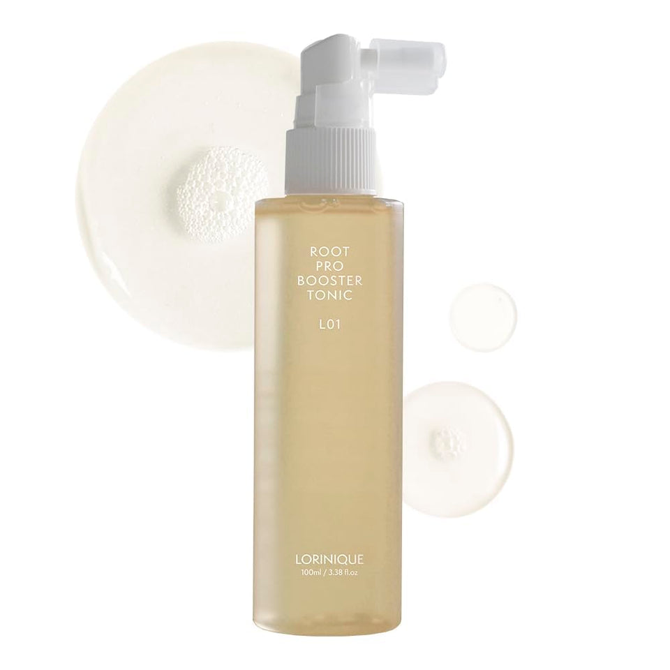 LORINIQUE L01 Root Pro Booster bottle close-up with copper tripeptide-1 formulation for scalp care.